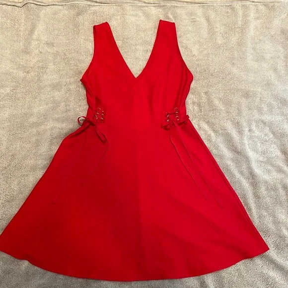 red skater dress v neck Red Skater Low V Neck Dress American Apparel Dress Medium Burgundy Velvet  Deep V Neck Long Sleeve Skater Min